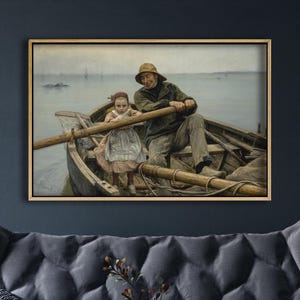 Framed Helping Hand, 1881, Emile Renouf, Old Fisherman Helping Young Girl To Row The Boat, Seascapes, Antique Art Prints, Canvas Art Prints