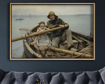 Framed Helping Hand, 1881, Emile Renouf, Old Fisherman Helping Young Girl To Row The Boat, Seascapes, Antique Art Prints, Canvas Art Prints