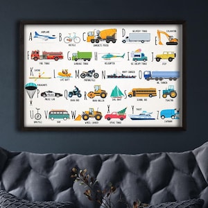 Gerahmtes Alphabet des Alphabets, Lernposter, Spielzeug für das Kinderzimmer, Kinderzimmerdeko, Klassenzimmer Poster, Fahrzeuge ABC Druck