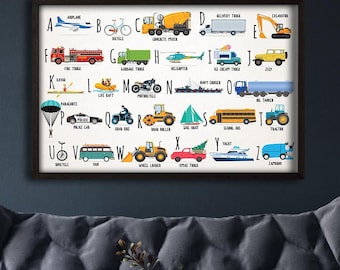 Gerahmtes Alphabet des Alphabets, Lernposter, Spielzeug für das Kinderzimmer, Kinderzimmerdeko, Klassenzimmer Poster, Fahrzeuge ABC Druck