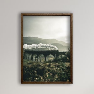 May include: A framed photograph of a train travelling over a stone bridge in a mountainous landscape. The train is emitting steam and smoke. The photograph is in a brown frame.