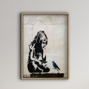 Framed Banksy Girl With Blue Bird Art, Frame Photography Art, Canvas Wall Art, Home Decor, Graffiti Reproduction Print