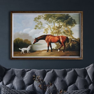 Framed Bay Horse And White Dog Friend,Lake Painting by George Stubbs Repro, Animal Landscape, Framed Canvas Art