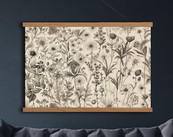 Botanical Textile Print On Hanging Canvas, Vintage Botanical Art, Large Wall Art, Botanical Textile Art, Modern Wall Hanging