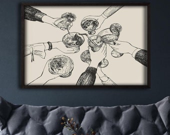 Cheers Print, Cute Kitchen Wall Decor, Minimalist Wall Art, Mid Modern Century Large Wall Art