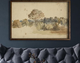 Large Vintage Muted Tones Landscape Tapestry, Extra Large Wall Decor, Rustic Landscape Painting Soft Tones, Living Room Wall Art