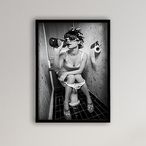 Framed Girl on Toilet Print, Bathroom Funny Poster, Black and White Bathroom Wall Art Funny Woman Drinking on the Toilet Humor Restroom