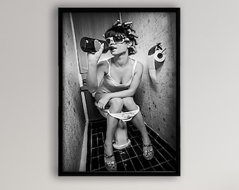 Framed Girl on Toilet Print, Bathroom Funny Poster, Black and White Bathroom Wall Art Funny Woman Drinking on the Toilet Humor Restroom
