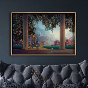 Stampa incorniciata Maxfield Parrish Daybreak, Alba, Aurora, Stampa artistica della Dea della Natura, Donne, Stampa su tela realismo magico, Arte murale mitologica