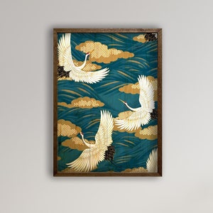 Framed Vintage Japanese Crane Bird illustration Poster, Three Cranes Poster Print, Art Canvas Print, Home Wall Decor, Japanese Wall Art