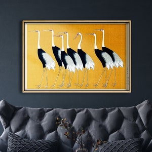 Framed Canvas Ogata Korin Art, Seven Storks Visual Print, Vintage Japanese poster, with Seven Cranes Bird illustration, Framed Wall art