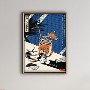 Póster vintage de cóctel japonés enmarcado, arte vintage colorido, arte de pared, impresión japonesa retro, impresiones vintage para bar, decoración de habitaciones