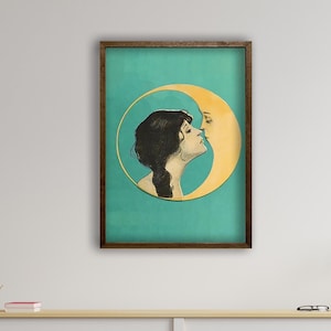 Ingelijste poster Kissing Moon, vintage vrouwenprint, Dear Old Dixie Moon, Man in the Moon, antieke maangezicht, nouveau Moon Art, wassende maan