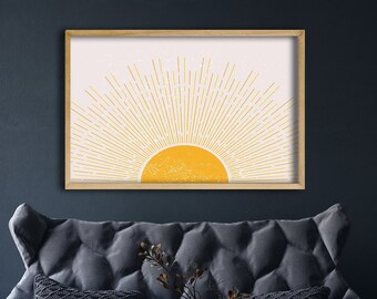 Yellow Sun Mid Century Modern Boho Wall Art Canvas Print, Boho Wall Decor, Neutral Wall Art Hangers, Abstract Sun Print
