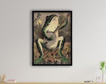 Gerahmt: Ein Frosch spielt Banjo im Mondlicht, bunte Wandkunst, Vintage-Poster, Vintage-Druck, Retro-Poster, großer Wandkunstdruck, Dekor
