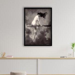 Depart Pour le Sabbat by Albert Joseph Penot, Witch Wall Art, Framed Canvas, Witch on Broom Print, Gallery Wrapped, Witch Visual Print