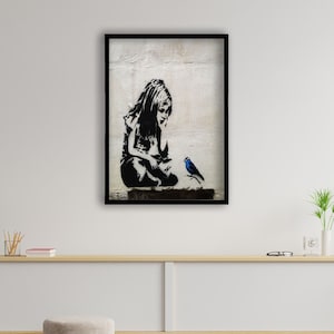 Banksy Girl With Blue Bird, Photography Art, Canvas Wall Art, Home Decor, Graffiti Reproduction Print