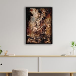 Könnte beinhalten: Ein gerahmtes Gemälde, das eine dramatische Szene mit Figuren in einer wirbelnden, chaotischen Komposition darstellt. Das Gemälde ist von warmen, erdigen Tönen mit goldenen und weißen Akzenten dominiert. Die Figuren scheinen zu einer Lichtquelle am oberen Rand der Leinwand aufzusteigen.