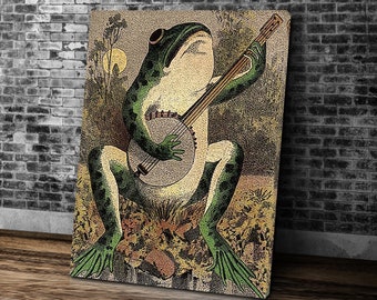 Retro Poster Frosch spielt Banjo im Mondlicht, bunte Wandkunst, Vintage Poster, Vintage Print, großes Wandbild, Deko