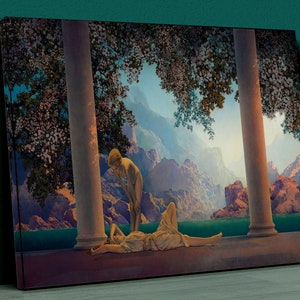 Stampa d&#39;arte Maxfield Parrish Daybreak, Mattina, Alba, Aurora, Dea della natura, Donne, Realismo magico Stampa su tela, Arte della parete mitologica