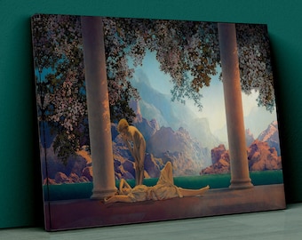 Maxfield Parrish Daybreak print, Morning, Dawn, Aurora, Nature Goddess art print, Women, Magical realism Canvas Print, Mythological wall art