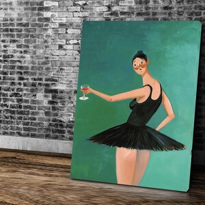 May include: A painting of a ballerina wearing a black tutu and holding a glass of red wine. The background is a teal green color.