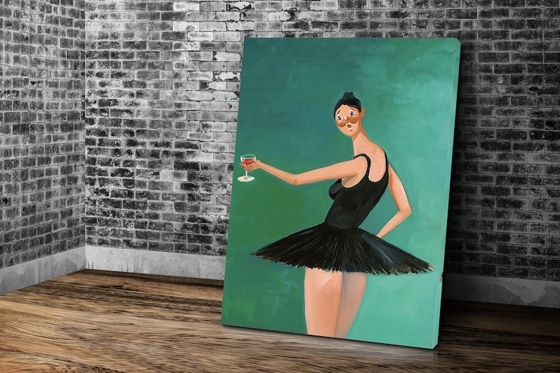 May include: A painting of a ballerina wearing a black tutu and holding a glass of red wine. The background is a teal green color.