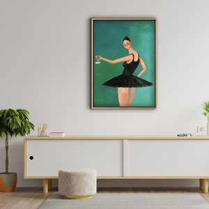 May include: A painting of a woman wearing a black tutu and holding a glass of red wine. The background is a teal green color.