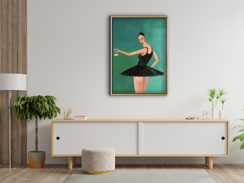 May include: A painting of a woman wearing a black tutu and holding a glass of red wine. The background is a teal green color.