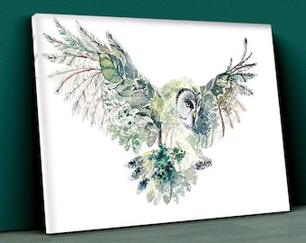 Sage Green Flying Owl, Forest Double Exposure Nature Animal Bird Illusion,  Print Wall Art, Home Decor, Visual Print, Trees Leaves
