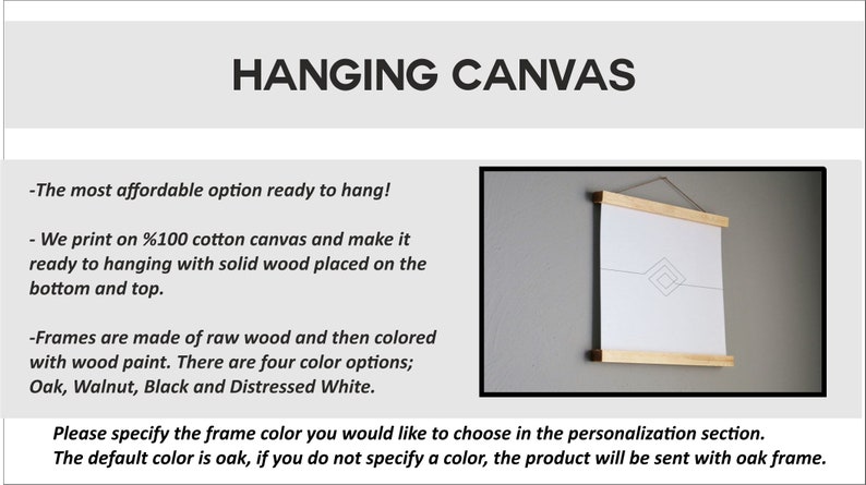 May include: A white canvas print with a simple geometric design is displayed in a wooden frame. The frame is available in four colors: oak, walnut, black, and distressed white. The print is ready to hang.
