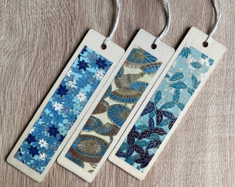 Handmade Wooden Chiyogami Bookmarks, Japanese Paper, Origami, High Quality Unique Gift, Blue, Gold, White, Floral, Momiji, Japan, Geisha