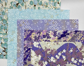 Chiyogami Handmade Japanese Origami Paper, Set of 5 "Lavender Blue Floral" 15x15cm
