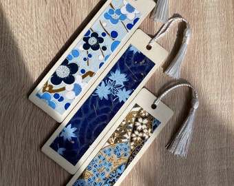 Handmade Wooden Chiyogami Bookmarks, Japanese Paper, Origami, High Quality Unique Gift, Blue, Gold, White, Floral Pattern, Momiji, Japan