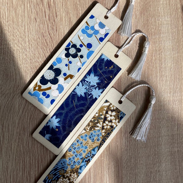 Handmade Wooden Chiyogami Bookmarks, Japanese Paper, Origami, High Quality Unique Gift, Blue, Gold, White, Floral Pattern, Momiji, Japan