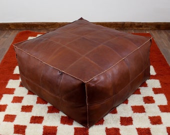 Moroccan Dark Brown Leather Ottoman Pouf, leather ottoman pouf, footstool, leather ottoman coffee table, square leather ottoman