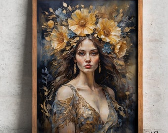 PRINTABLE, Penelope, 999 Piece Wall ART, Floral Beauty, Women wuth Flowers Oil Painting Wall Art, Digital Print, Wall Art Prints