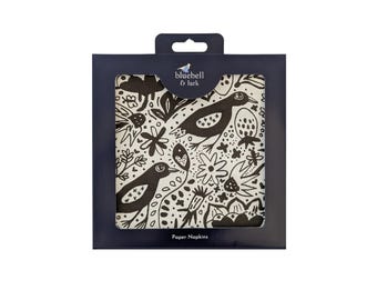 Paper Napkins in Black and white. Unique monochrome paper napkins with Folk Birds design.