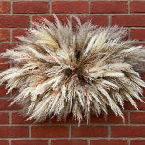 May include: A large, circular wall decoration composed of dried pampas grass plumes in various shades of beige, cream, tan, and light brown. The feathery, soft-textured stalks radiate outward from a dense, darker brown centre point.