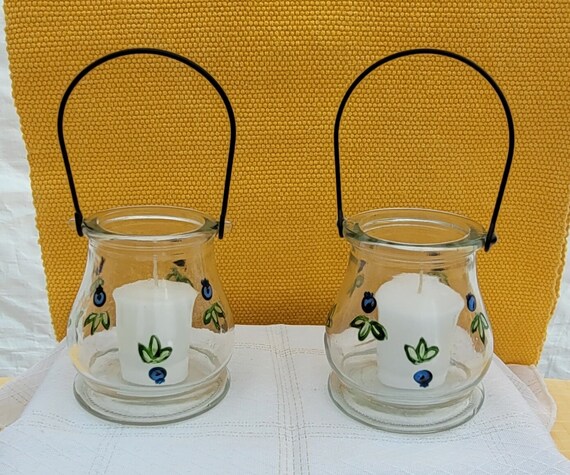 2 Mini lanternes en verre avec chandelles (sans odeur/durée 6hrs), motif de bleuets