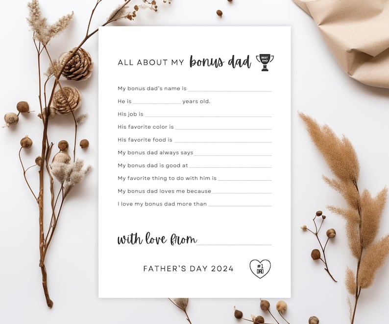 Printable "all About My Bonus Dad" Card, Father’s Day Fill in the Blank ...