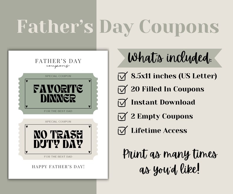 20 Large Father's Day Coupons, Printable Father's Day Coupon Book ...