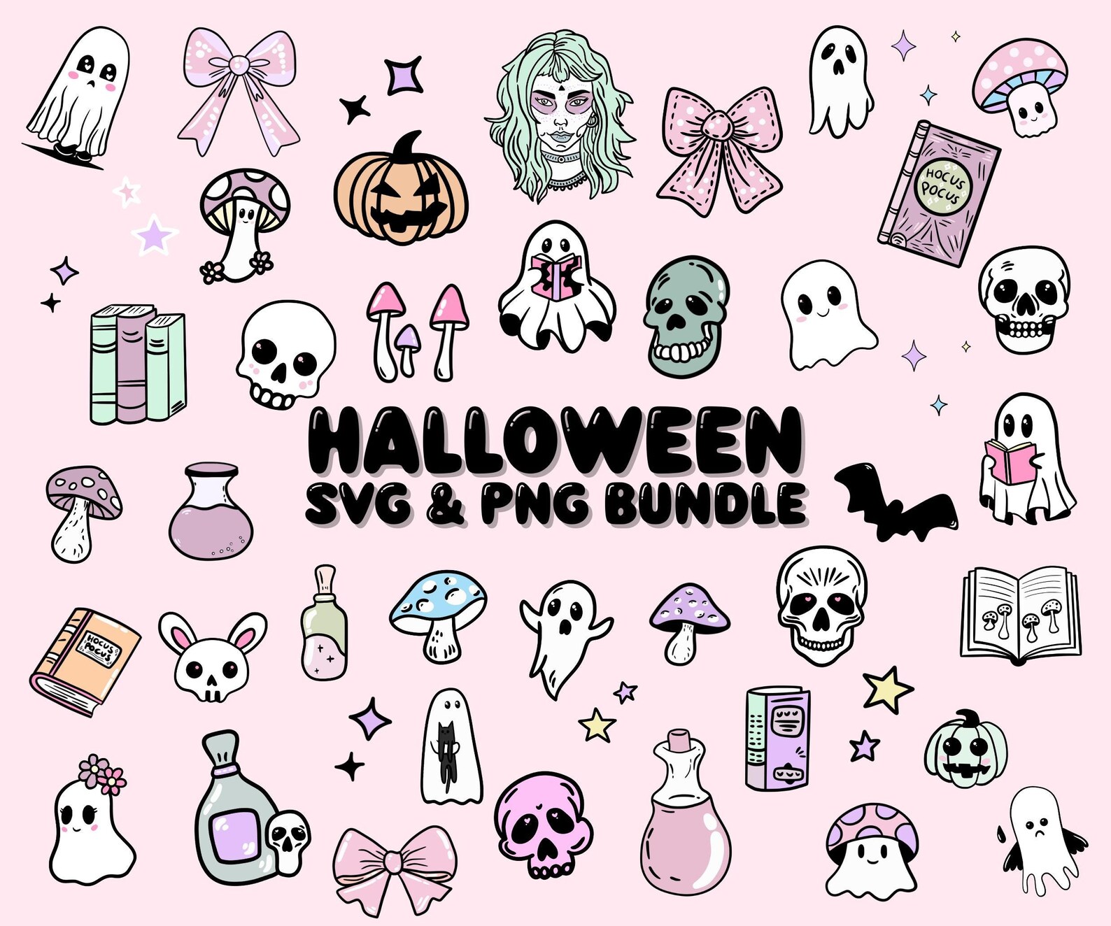 Halloween SVG & PNG Bundle: Pastel Skulls, Cute Ghost, Goth Girl ...