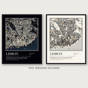 May include: Two framed map prints of Lisbon, one with a black background and one with a cream background. Each print features a detailed street map, the text LISBON, and the caption EVERYWHERE YOU CAN WALK IN - 4 KM OF THE CENTRE.