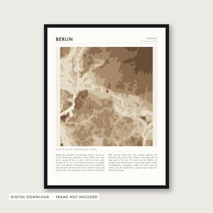 Pode incluir: Uma impressão de arte de parede emoldurada com um mapa topográfico de Berlim, Alemanha, em tons de castanho e bege. A impressão inclui o texto BERLIN, GERMANY, coordenadas e uma descrição histórica detalhada do relevo do vale glaciar.