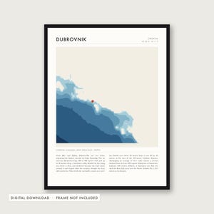 May include: A framed wall art print featuring a map of Dubrovnik, Croatia, with a bathymetric illustration of the sea in shades of blue. The print includes the text Dubrovnik, Croatia, coordinates, and a detailed paragraph about the Gruz Bay depth.