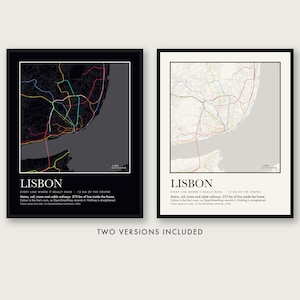 May include: Two framed posters of Lisbon maps, one with a black background and one with a white background. Each features colorful transit lines, the text LISBON, and details stating: Every line where it really runs, 13 km of the centre, 275 km of line.