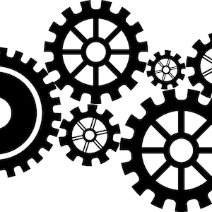 Pode incluir: Ilustração de engrenagens pretas sobre fundo branco. As engrenagens, de vários tamanhos, apresentam um design mecânico com dentes visíveis e centros circulares. A imagem transmite uma sensação de mecânica e engenharia.
