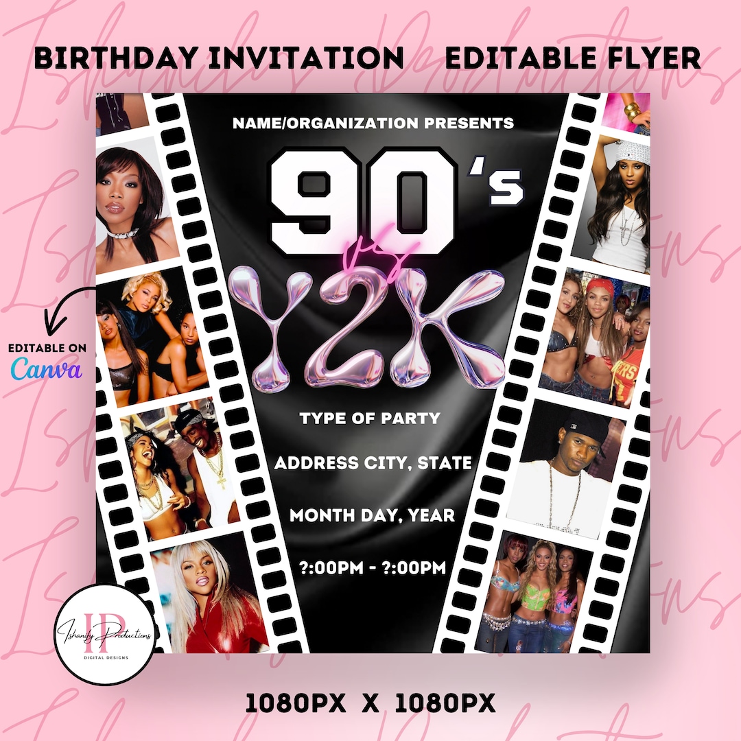 Digital Themed Birthday Invitation 90's Vs. Y2K Editable on Canva