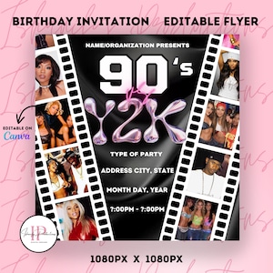 May include: A black and white digital flyer with a 90s theme. The flyer features a large, pink and silver "Y2K" graphic with the text "90's" above it. The flyer also includes the text "NAME/ORGANIZATION PRESENTS", "TYPE OF PARTY", "ADDRESS CITY, STATE", "MONTH DAY, YEAR", and "?:00PM - ?:00PM". The flyer is surrounded by a black and white film strip border.